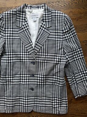 Liz Claiborne Linen Vintage Blend Navy Blue and White Gingham Blazer 12